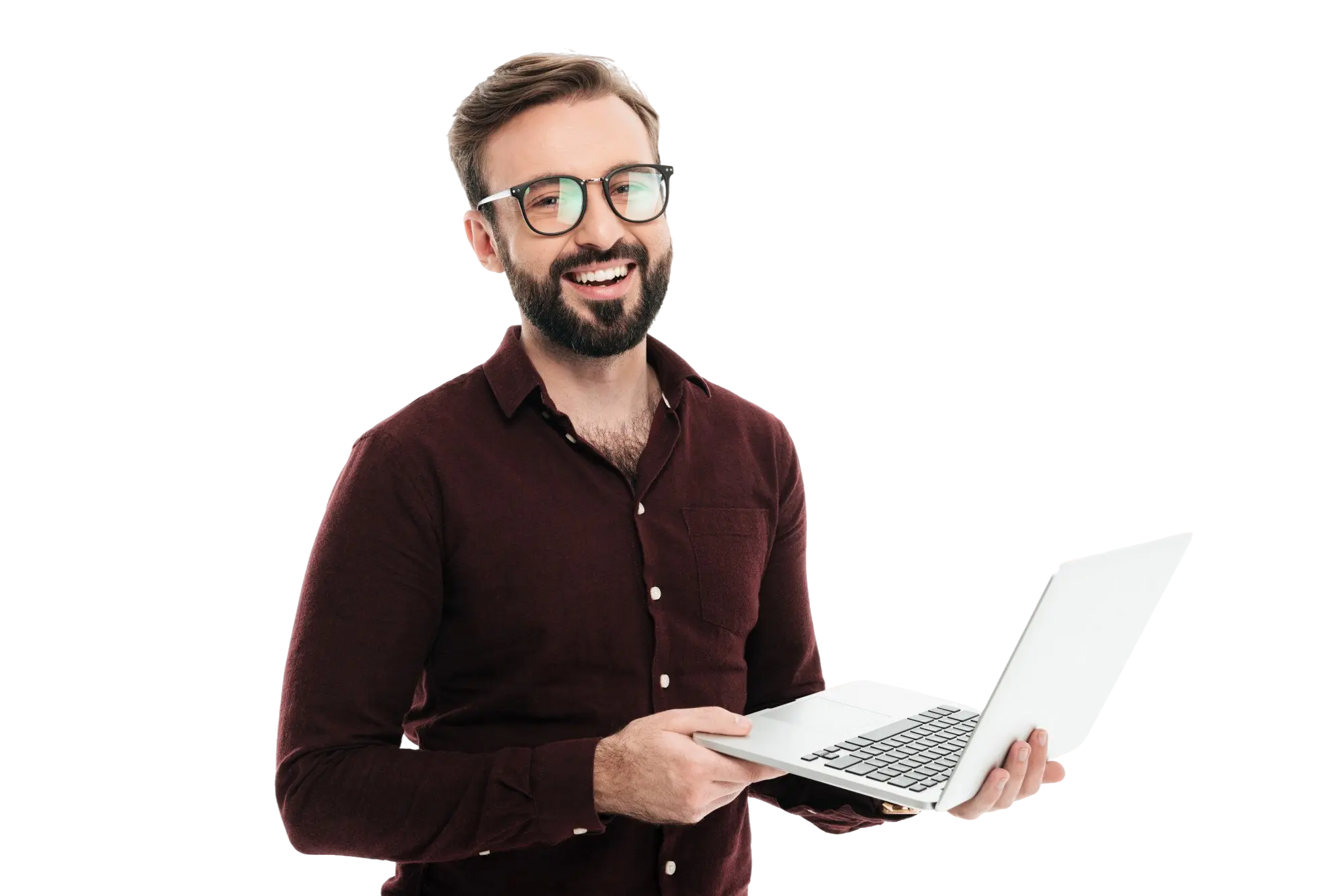Smiling marketer holding a laptop